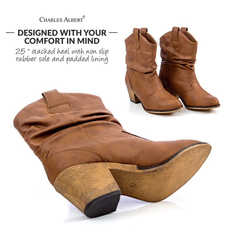 Charles Albert Modern Western Cowboy Boots for Women Ladies Stacked Heel Ankle Cowgirl Boots with Pull-Up Tabs in Tan Size 11 - Image 2
